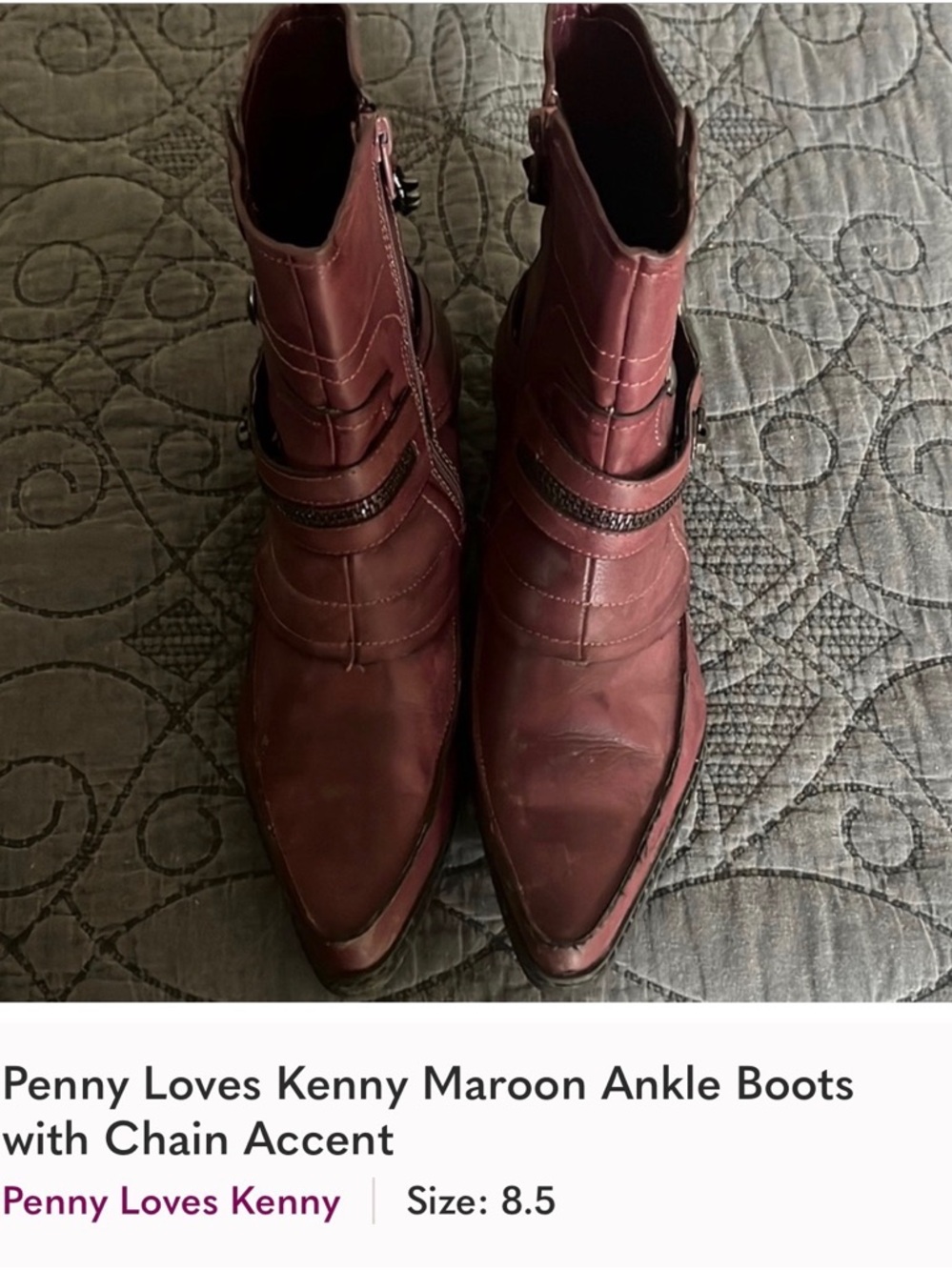 Penny Loves Kenny Burgundy Pointed Ankle Boots with Chain Strap